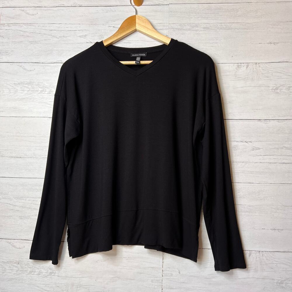 Eileen Fisher Top Womens Size XS Black Long Sleeve V-Neck Stretch Comfort